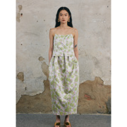 palebluedot蓝点·原创设计师新中式，东方提花(东方提花)绿粉色松紧花苞半裙