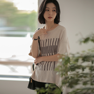 无谓韩式文艺2024夏季女装蝙蝠袖宽松茧型印花T恤女内搭上衣