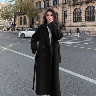 黑色毛呢大衣韩系显瘦小个子气质中长款高级感小众加厚西装外套女