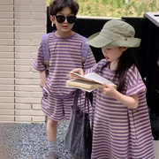 儿童兄妹装2024夏款男童装织里短袖短裤两件套女童紫色条纹卫衣裙