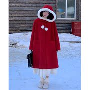 罐头士多所新年圣诞红色连帽毛呢外套女2023冬季中长款斗篷呢大衣