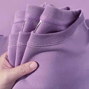 春秋季厚实紫色280g纯棉纯色卫衣男女同款圆领加绒加厚情侣套头衫