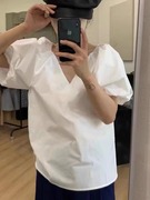 韩国chic夏季减龄小众设计感简约白色，v领泡泡袖衬衫法式复古上衣