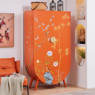 新中式客厅装饰立柜卧室，收纳橙色手绘边柜法式实木对开门小衣橱柜