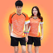 羽毛球服套装男女童橙色，短袖t恤乒乓球衣训练比赛v领印字运动服饰