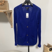 克莱因蓝色毛衣开衫v领外套，女外贸春秋，薄款单排扣针织毛线衫