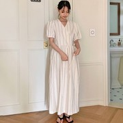 韩国东大门女装2022秋季v领短袖，竖条纹长款连衣裙子