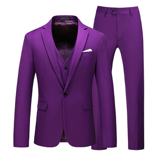 深紫色男士西服三件套微胖男装新郎结婚西装裤子套装修身上衣西裤