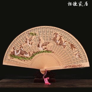 檀香味中国风带香味香木折叠扇子，古风折扇男女士式镂空扇子夏