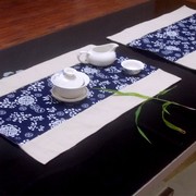 民族布艺亚麻蓝色印花桌旗中式茶，几桌旗床旗餐桌布布艺