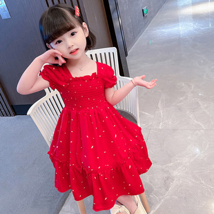 女童夏季大红色连衣裙儿童中长款裙子1岁女宝宝洋气，雪纺纱公主裙2