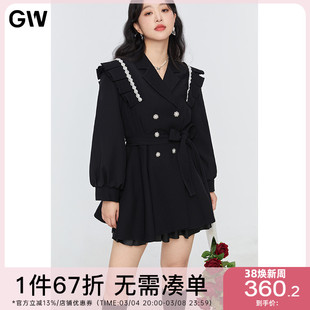 GW大码名媛设计感气质风衣女2024春季黑色高腰收腰显瘦连衣裙