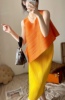 tvtv清迈夏天~三宅，褶皱橘色柠檬黄，撞色背心无袖上衣直筒半裙