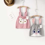 春季女童纯棉线针织背带裙，宝宝包臀裙灰色粉色小兔可爱卡通