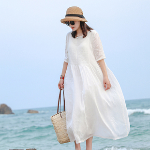 夏天的浪漫 高支苎麻 双面风琴褶文艺白色仙女连衣裙长款摆裙双层