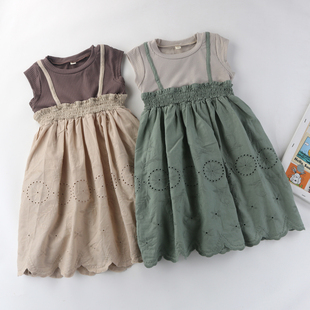 出口日单夏季女童连衣裙，森系刺绣童裙假两件拼接裙100-130