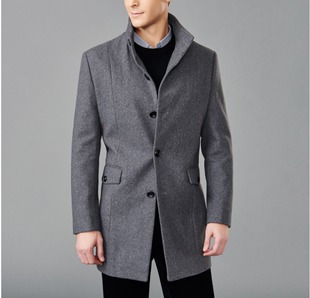 杉系列男士纯色羊毛呢，立领中长款青年商务大衣td6110