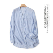 条纹衬衫  夏季外贸女装时尚减龄V领单排扣长袖薄款衬衫24601
