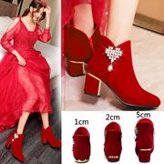 冬季婚鞋女2023红色高跟鞋，粗跟结婚秀禾服婚纱两穿中跟新娘鞋
