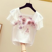甜美花朵T恤女新中式国风新韩版时尚手工蕾丝刺绣方领飞飞袖上衣