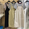 韩国东大门中长款背带连衣裙+彩色，条纹短袖t恤时尚休闲两件套女装