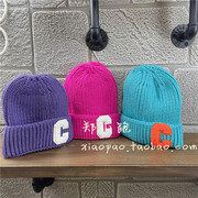 成人和大童亲子冬季帽防风保暖荧光色大c字母潮帽单层针织毛线帽