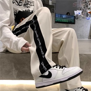 美式vibe裤子男生设计感小众黑白条纹垂感高级感宽松阔腿拖地卫裤