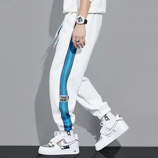 白色运动裤子男夏季美式潮流，条纹撞色宽松束脚卫裤男针织休闲长裤