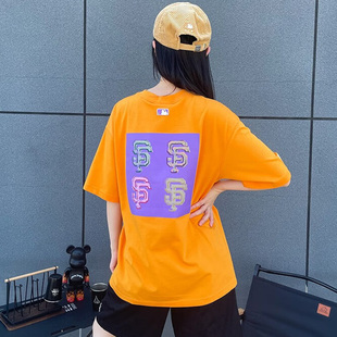 MLB男女橙色短袖T恤春夏运动服透气休闲大码半袖潮3ATSL0233