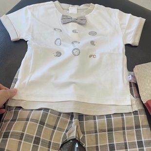 韩国童装 24夏儿童宝休闲洋气卡通印花圆领短袖T恤 格纹短裤套装