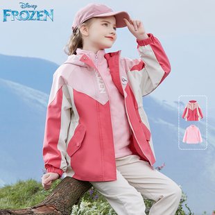 迪士尼女童冲锋衣款儿童外套，春秋装防风衣，摇粒绒中大童三合一童装