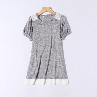 h18-4夏季女装薄款针织，短袖蕾丝雪纺，开叉拼接中长款打底t恤衫