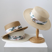 草帽女夏天沙滩旅游遮阳帽，草编女士平顶礼帽出游海边度假大檐帽子