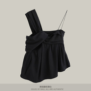 UR夏季雪纺小吊带黑色不对称设计感时尚外穿无袖背心上衣2023女装