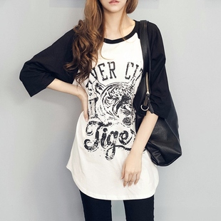 韩国版型设计纯棉宽松长款春夏，休闲插肩袖圆领，中袖半袖t恤衫女装