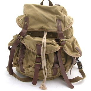 二战头盔包帆布(包帆布)背包，真皮休闲旅行包，书包复古背包男士双肩包后背包