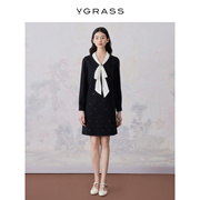 vgrass黑色羊毛镶拼长袖气质，连衣裙女春季丝带领结vsl2o12200