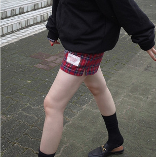 Unique SEI 2021韩国高腰宽松直筒呢料红色格子休闲短裤