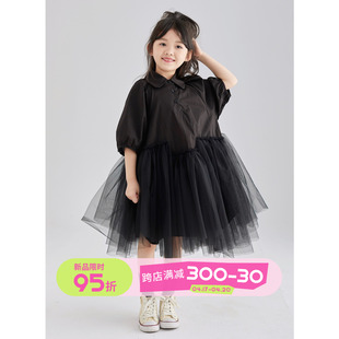 olamimi女童设计感拼接气质高级黑不规则，蓬蓬连衣裙生日纱裙