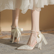设计感小众名媛风单鞋女2024年珍珠蝴蝶结气质尖头细跟高跟鞋