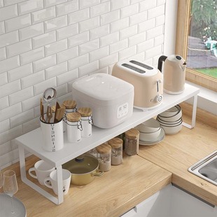 台面厨房分层置物架白色桌面，储物架收纳橱，柜内隔板调味料盘子锅