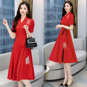 夏季中年女装时尚，韩版妈妈裙子黑色秀红色短袖，中长裙流苏连衣裙
