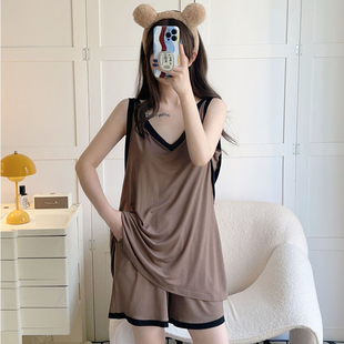 运动休闲薄款莫代尔套装，女士睡衣无袖背心短裤，凉快净版纯色家居服