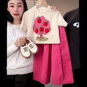 韩国童装女童套装2024夏季洋气，卡通印花宽松短袖，t恤玫红色阔腿裤