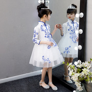 儿童公主裙演出服女童蓬蓬裙青花瓷，古q筝演奏服装中国风