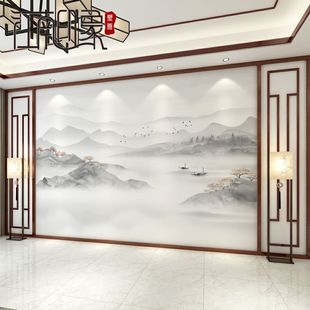 新中式水墨山水风景画墙纸，电视背景墙壁画，客厅沙发卧室墙墙布壁纸