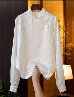 春秋2024年新中式女装中国风，盘扣真丝衬衫女长袖衬衣立领上衣