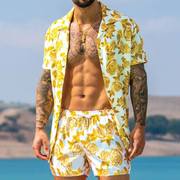 3外贸男士夏威夷沙滩风套装树叶印花短裤短袖古巴领衬衫两件套218