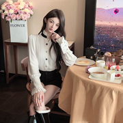 FairyJiang春季气质木耳边白色立领衬衫女设计感修身长袖衬衣