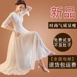 法式超仙白色蕾丝雪纺连衣裙女2024夏季短袖气质大码长款长裙